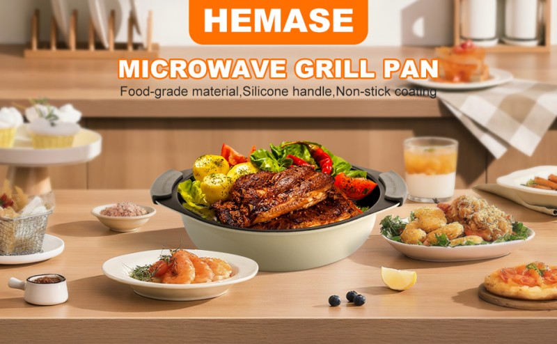 HeMaSe Cover with Steam Vent Microwave Grill Multi-Pot Front View - Complete Set with Vented Lid, Non-Stick Grill Pot, and Heat-Conducting Base