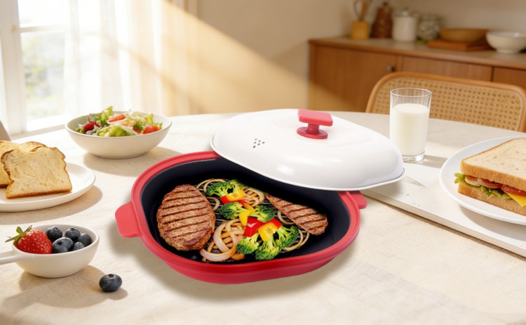 grilled steak and vegetables cooked in microwave grill multi-pot