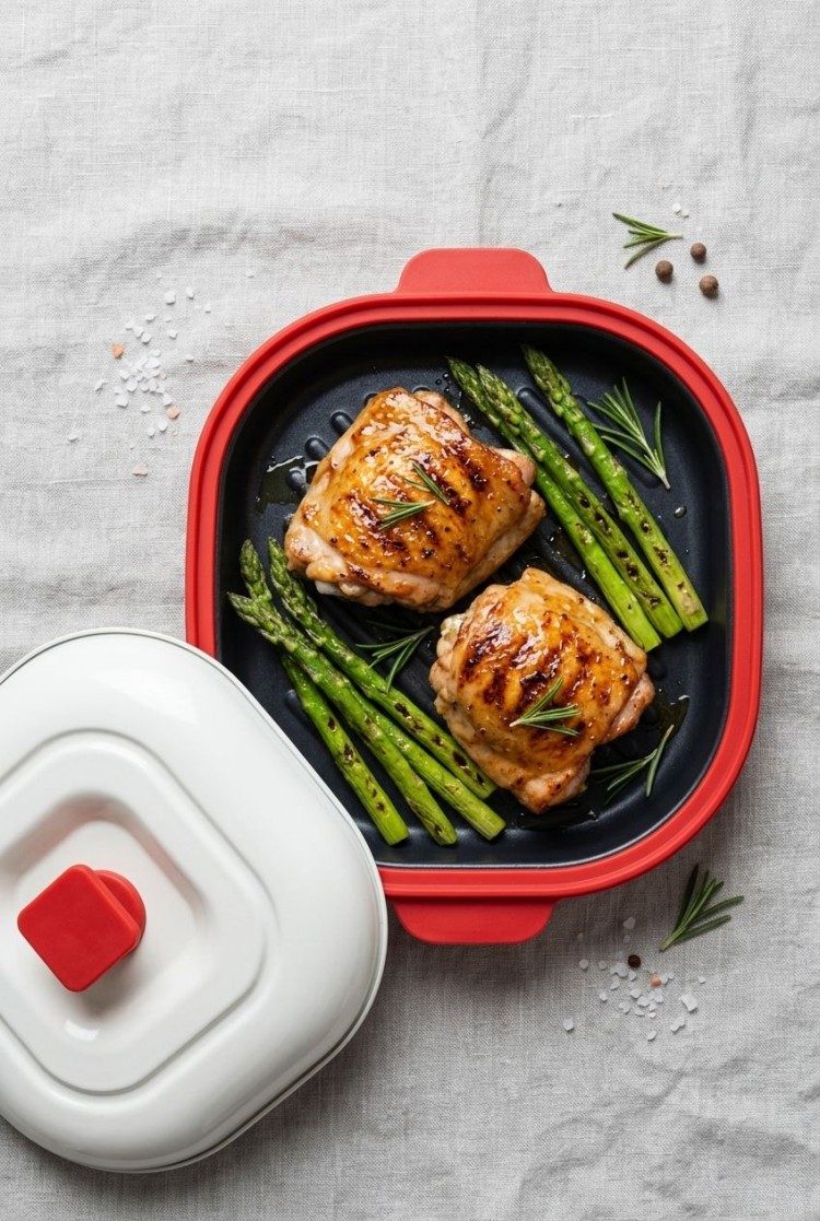 HeMaSe Microwave Grill Pan - Side View Showing Thick Silicone Anti-Scalding Skirt Design