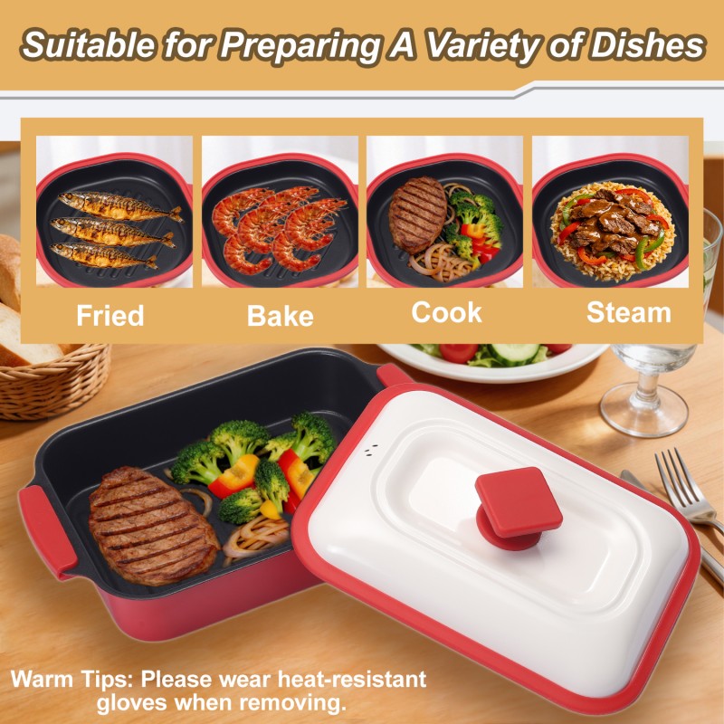 HeMaSe Microwave Grill Multi-Pot Upper Grill Pan - Corrugated Non-Stick Surface for Searing Meats and Creating Authentic Grill Marks