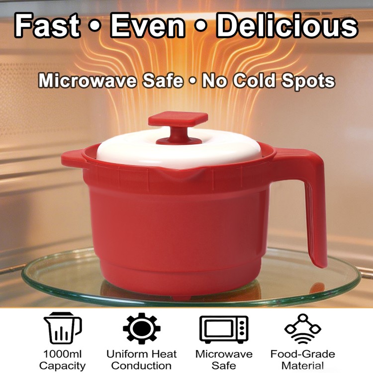 HeMaSe Round Microwave Grill Multi-Pot Front View - Red Non-Stick Pot with Transparent Glass Cover and Side Handles